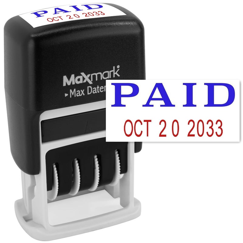 MaxMark Self-Inking Rubber Date Office Stamp with Paid Phrase Blue Ink & Date RED Ink (Max Dater II), 12-Year Band - Image 1